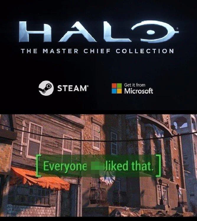 Halo Master Chief Collection PC logo above an 'Everyone liked that' Fallout meme