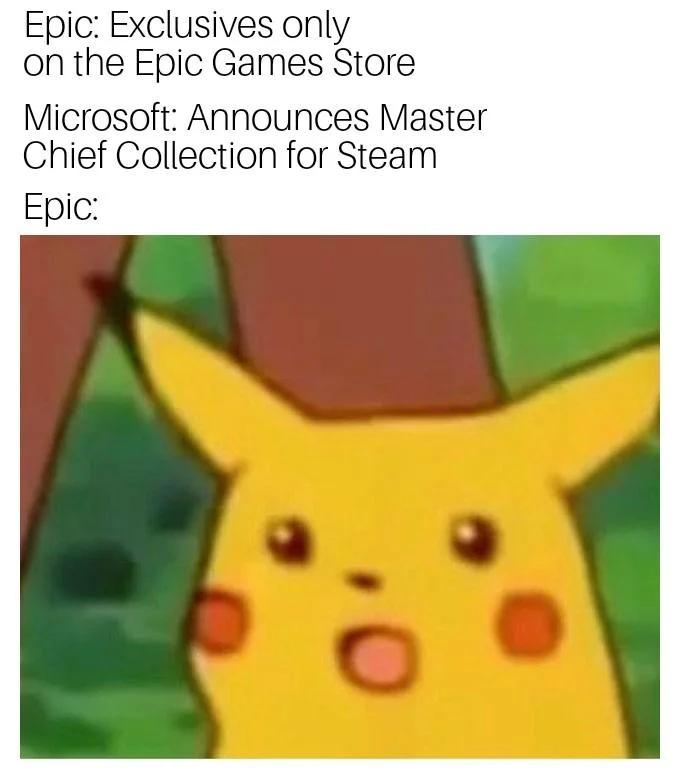 Surprised Pikachu meme mocking Epic Games over Halo MCC coming to Steam