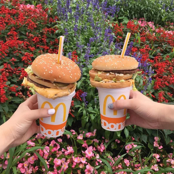 Hamburger Straws — Two McDonald's cups with sesame-bun burgers and yellow straws held in front of a flower garden
