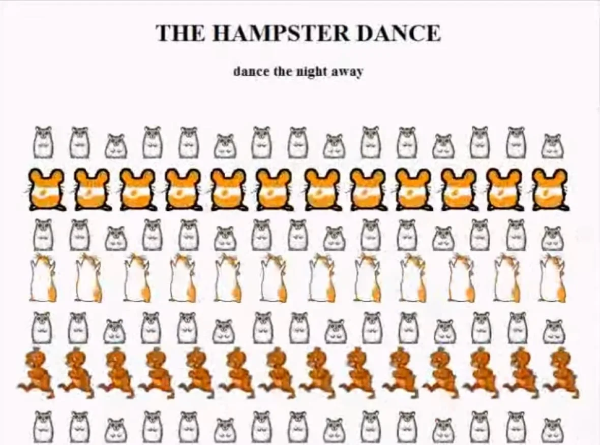 Hampster Dance — The classic Hamster Dance meme featuring rows of small animated hamster GIFs in various colors and poses with the title 'The Hamster Dance' at