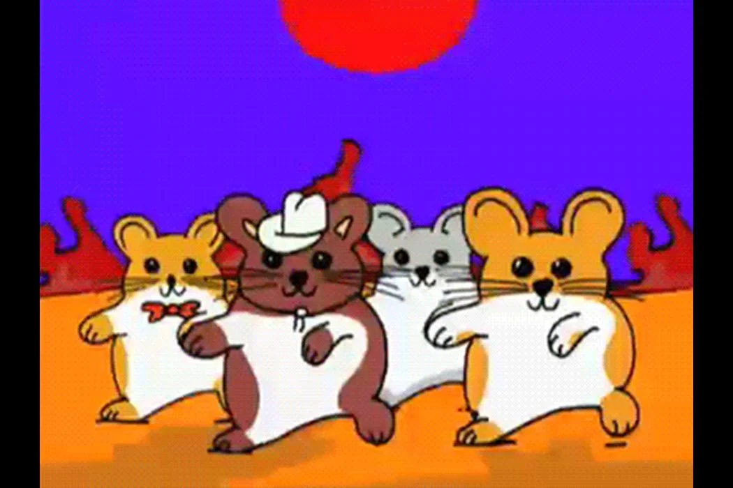 Hampster Dance — A cartoon-style illustration of multiple hamsters in dancing poses arranged against a purple, orange, and red background.