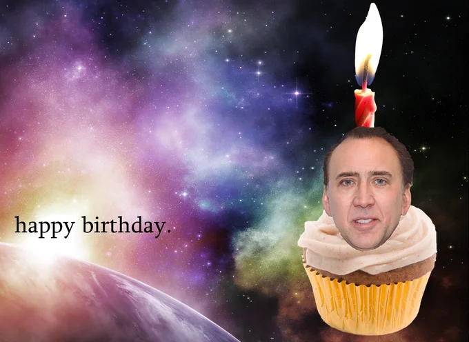 Happy Birthday Memes — Nicolas Cage face on a cupcake with candle over a galaxy background, captioned happy birthday