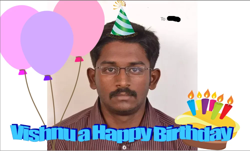 Happy Birthday Memes — Homemade birthday greeting for Vishnu with cartoon balloons, party hat, and cake overlays