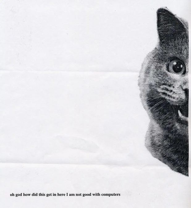 Photocopied half-face of Happy Cat on wrinkled paper with caption about being bad with computers