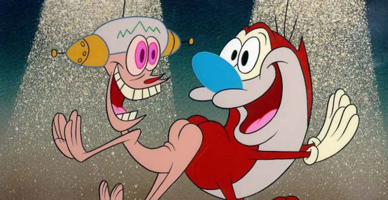 Happy Happy Joy Joy — Ren wearing the Happy Helmet dancing with Stimpy under sparkling spotlights
