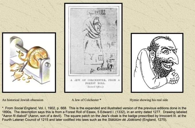 Comparison image showing a medieval drawing of a Jewish figure next to the Happy Merchant caricature with historical annotations.