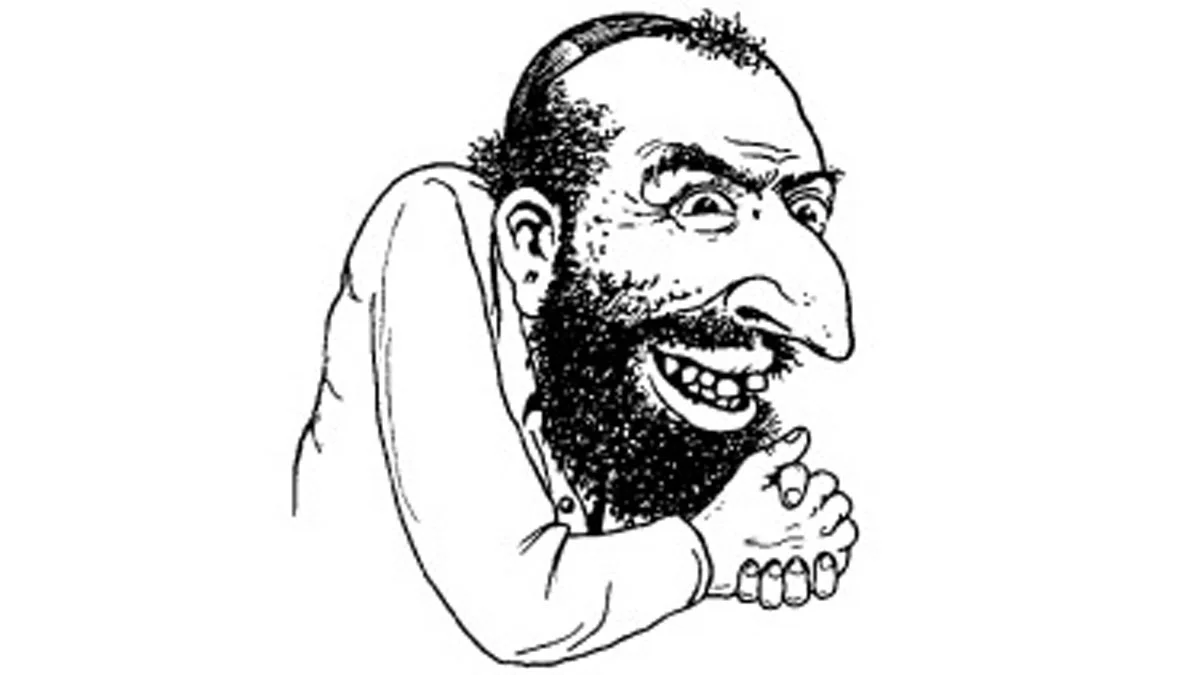 Happy Merchant — Black-and-white cartoon drawing of a bearded man with an exaggerated nose grinning and rubbing his hands together.