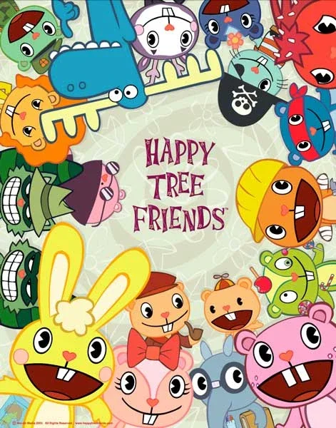Happy Tree Friends main cast characters arranged around series title with colorful illustration