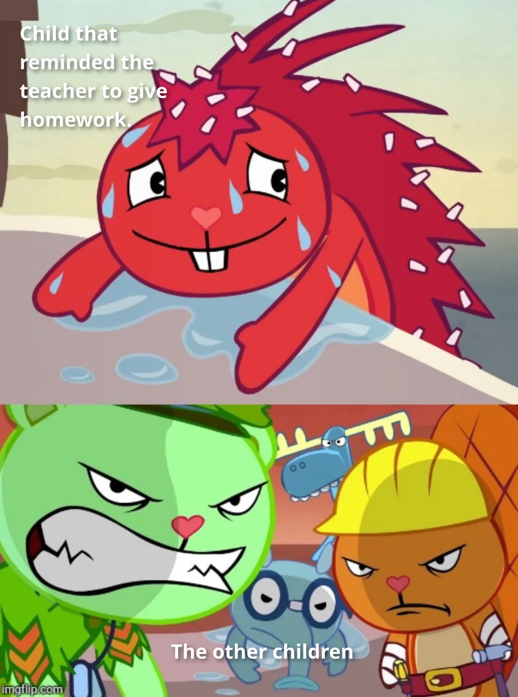 Happy Tree Friends reaction meme template with two character panels