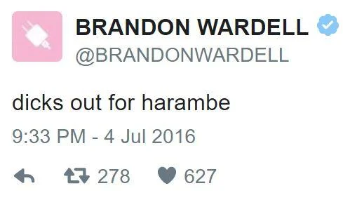 A verified Twitter post from Brandon Wardell with the phrase 'dicks out for harambe.'