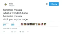 A Twitter post referencing Harambe with celebratory emojis and social commentary.