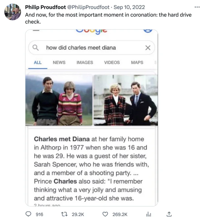 Tweet by Philip Proudfoot joking about a hard drive check during the coronation, with a Google snippet about Charles and Diana