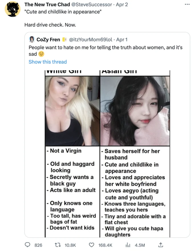 Tweet replying 'Hard drive check. Now.' to a sexist comparison chart calling women 'cute and childlike in appearance'
