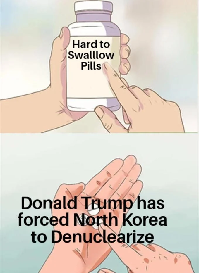 Hard Pill to Swallow — Hard to Swallow Pills meme with hands holding bottle above open palm, with text presenting controversial political statement about