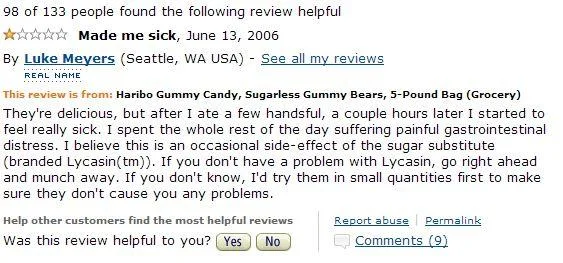 Haribo Sugarless Gummy Candy Reviews — Original Amazon product review from June 13, 2006, by Luke Meyers describing gastric distress from Haribo Sugarless