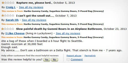 Haribo Sugarless Gummy Candy Reviews — Compilation of three Amazon reviews for Haribo Sugarless Gummy Bears with humorous titles about gastrointestinal