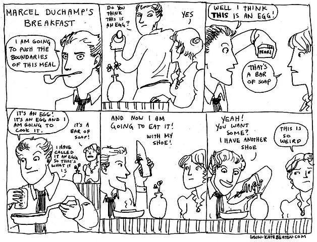 Hark! A Vagrant — Kate Beaton comic 'Marcel Duchamp's Breakfast' six panel strip