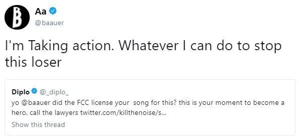 Harlem Shake — Twitter exchange screenshot of producer Baauer responding to Diplo about taking action against unlicensed track usage.