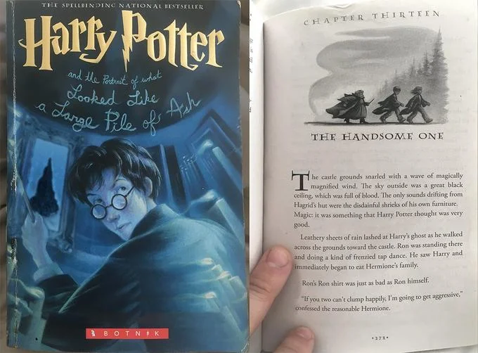 Harry Potter Predictive Text Chapter — Botnik Studios parody Harry Potter book open to Chapter Thirteen with the BOTNIK logo visible on the cover.