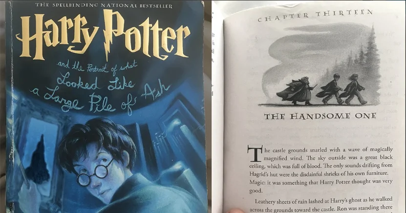 Harry Potter Predictive Text Chapter — Parody Harry Potter book cover next to an interior page titled Chapter Thirteen: The Handsome One.