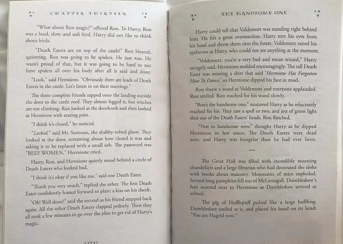 Harry Potter Predictive Text Chapter — Two interior pages of the Botnik Harry Potter parody chapter with predictive-text prose.