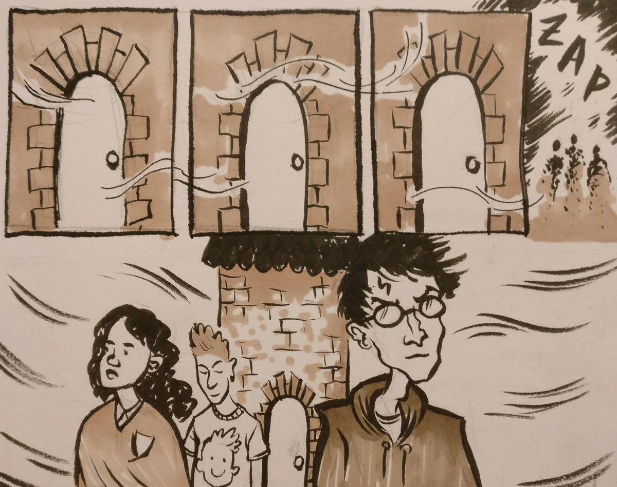 Harry Potter Predictive Text Chapter — Fan art of Ron Weasley with a spider, illustrating a Botnik parody line about Ron becoming spiders.