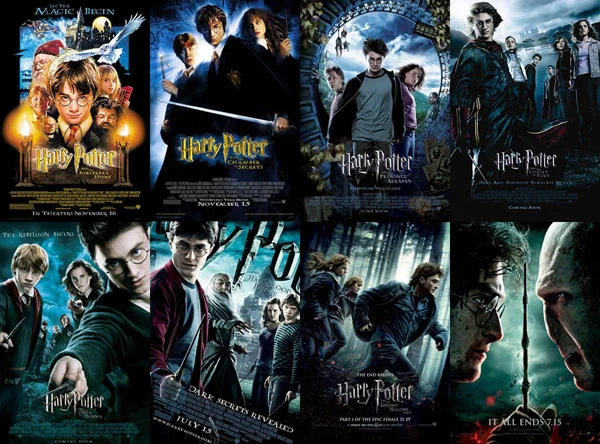 Grid of all eight Harry Potter film theatrical posters