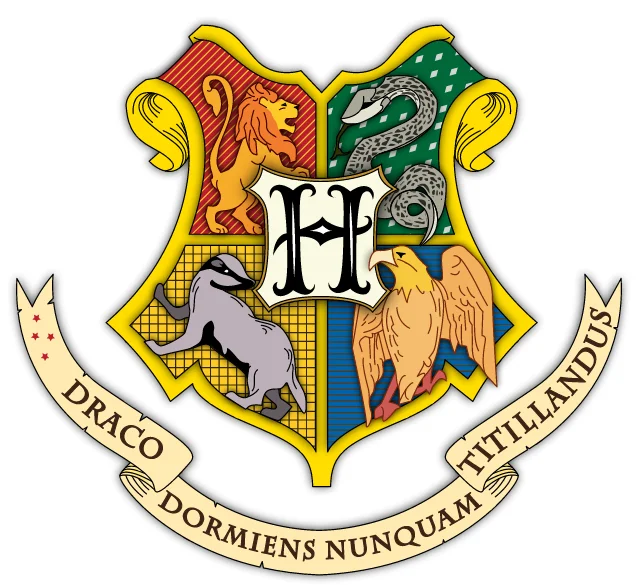 Harry Potter — Hogwarts school crest with four house animals and Latin motto banner
