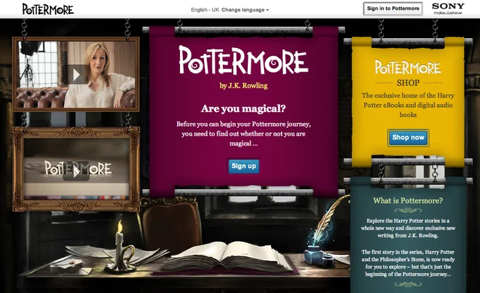 Harry Potter — Pottermore website homepage screenshot with J.K. Rowling video and sign-up prompt