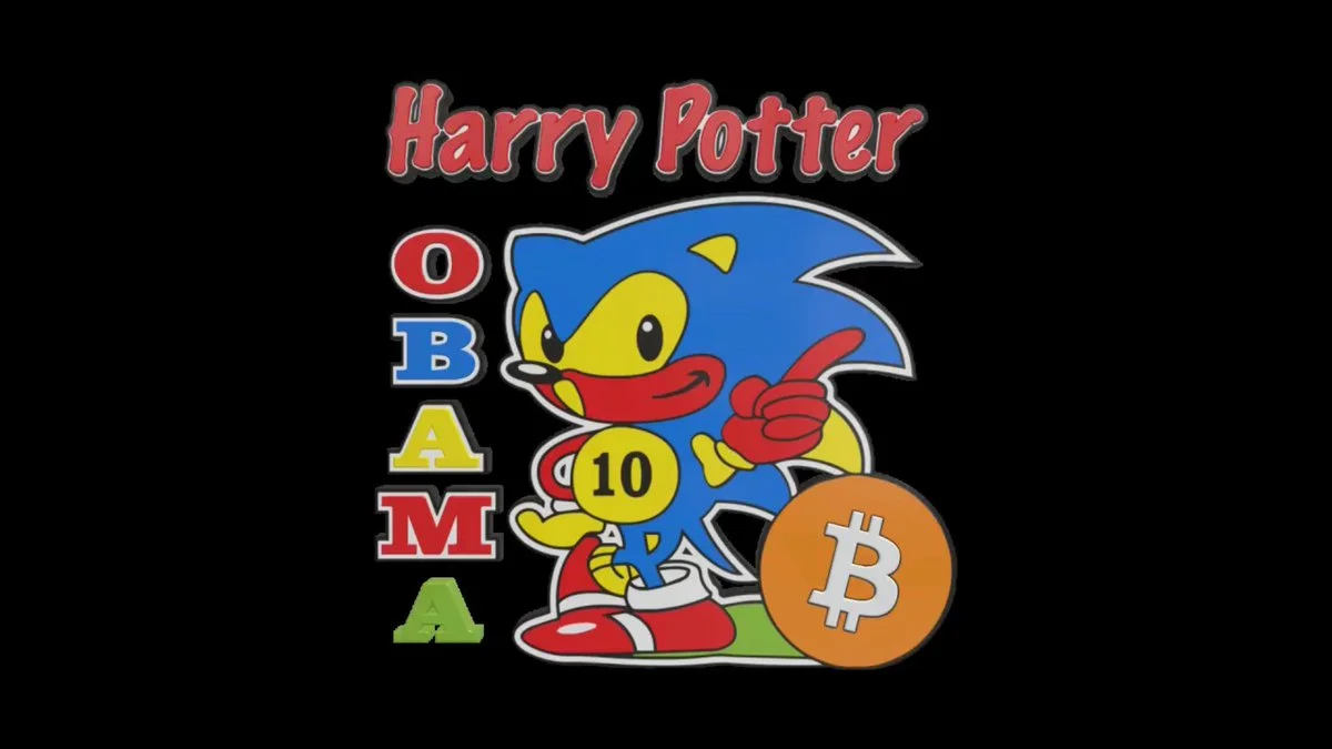 HarryPotterObamaSonic10Inu — Illustration featuring Sonic the Hedgehog with Harry Potter text, vertical colorful OBAMA letters, number 10, and Bitcoin logo on