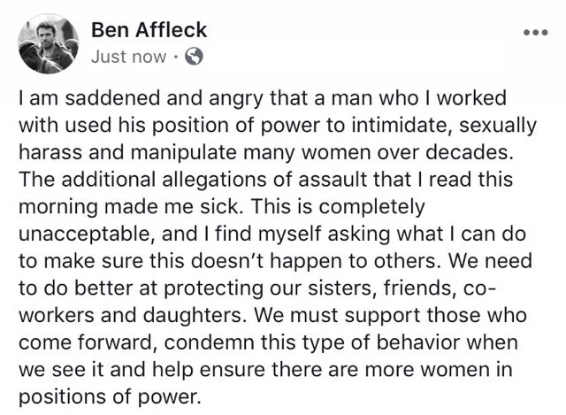 Harvey Weinstein Sexual Abuse Cases — Tweet by Ben Affleck apologizing to Hilarie Burton