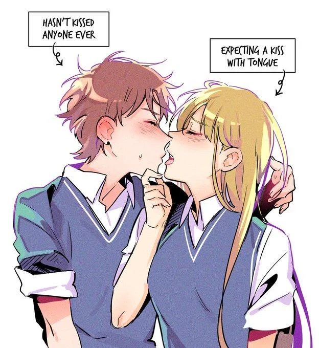 Has Never Kissed Anyone Before — Two anime schoolboys kissing with tongue, labeled with meme captions
