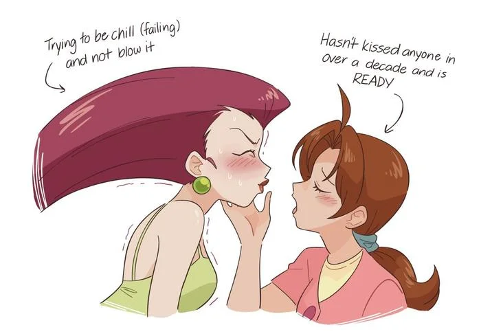 Has Never Kissed Anyone Before — Two anime women about to kiss, one nervous and one eager, with meme captions