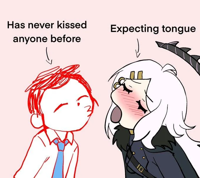 Has Never Kissed Anyone Before — Red-outlined boy facing a white-haired dragon girl with wide-open mouth, labeled with meme captions