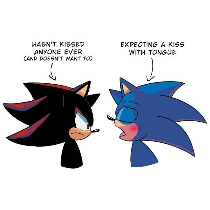 Has Never Kissed Anyone Before — Shadow and Sonic the Hedgehog illustrated with meme captions about kissing expectations
