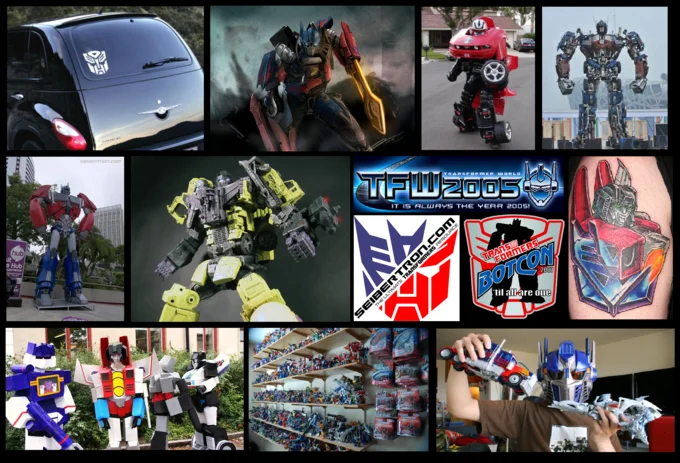 Hasbro — Collage of Transformers fan community imagery including Optimus Prime cosplay, action figures and fan site logos