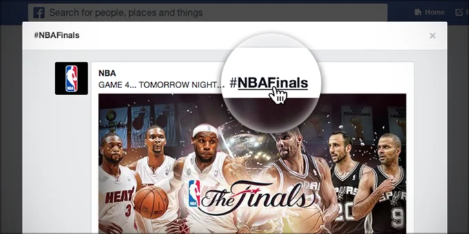 Screenshot of Facebook's interface displaying a search for #NBAFinals with magnifying glass graphic highlighting the clickable hashtag.