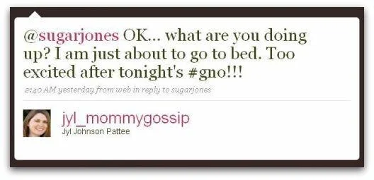 Screenshot of a tweet by jyl_mommygossip using the hashtag #gno in early-era Twitter interface.