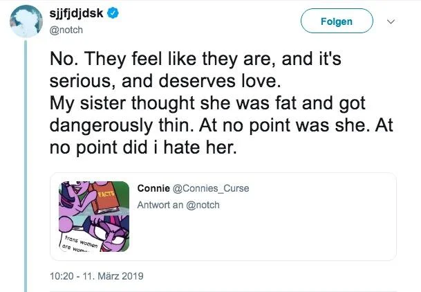 Hatsune Miku Created Minecraft — Screenshot of a fake @notch tweet defending trans women from March 2019
