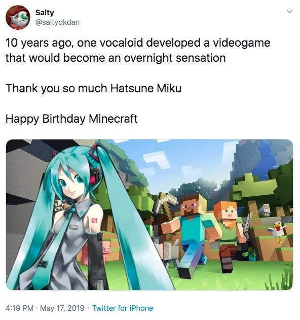 Hatsune Miku Created Minecraft — Tweet by Salty thanking Hatsune Miku for Minecraft with Miku and Steve/Alex image