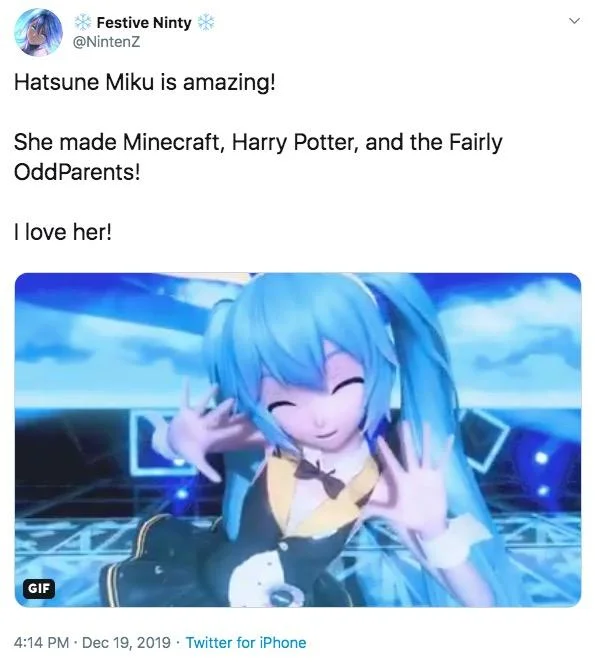Hatsune Miku Created Minecraft — Tweet from Festive Ninty praising Hatsune Miku as creator of Minecraft, Harry Potter, and Fairly OddParents