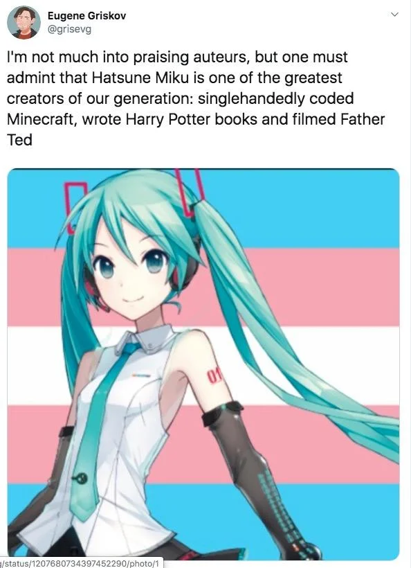 Hatsune Miku Created Minecraft — Tweet praising Hatsune Miku as creator of Minecraft, Harry Potter, and Father Ted, with Miku on trans flag