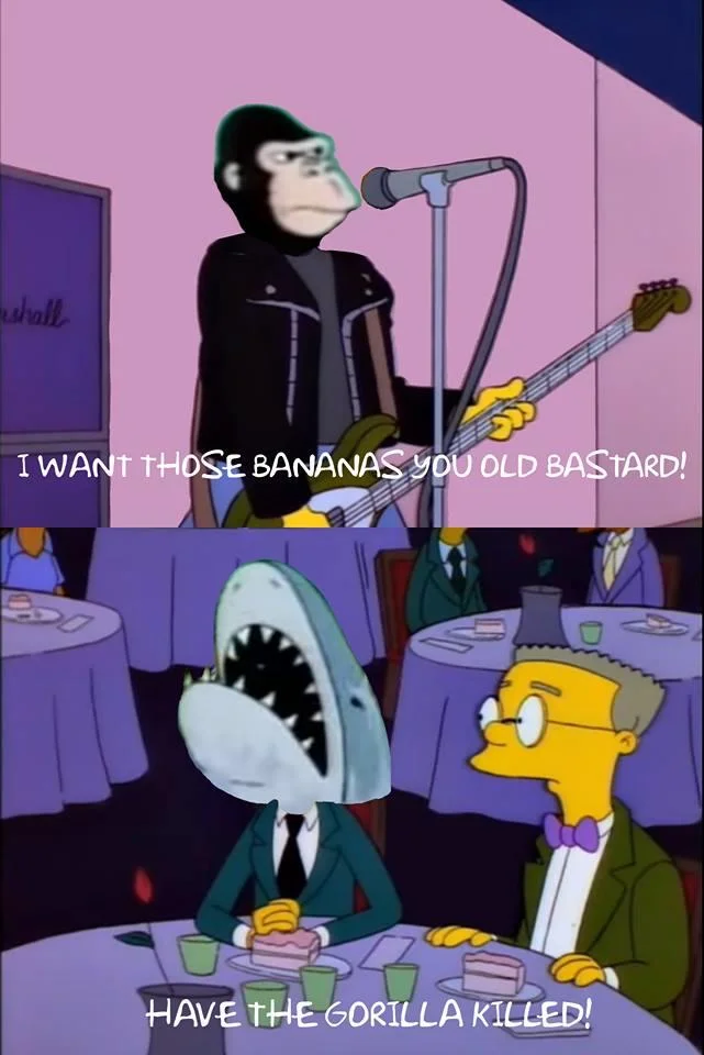 Have The Rolling Stones Killed — A gorilla or ape character performing on stage with Mr. Burns calling for its death.