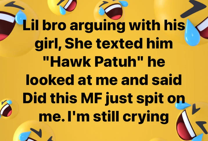 Hawk Tuah Girl — Yellow meme image with laughing emojis and text joke about a Hawk Patuh text message being mistaken for spitting