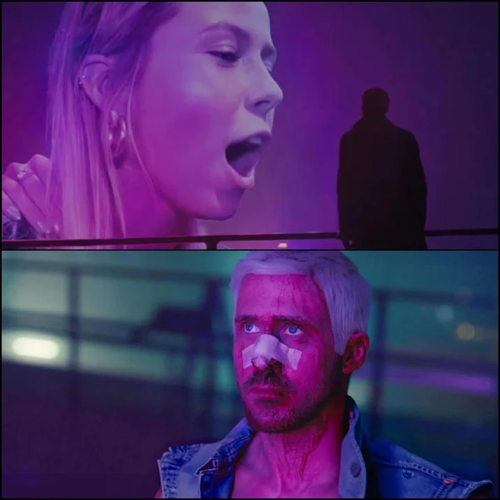 Two-panel meme with the Hawk Tuah girl above and a battered Ryan Gosling from Blade Runner 2049 below