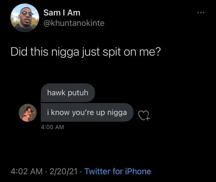 Hawk Tuah Girl — Twitter screenshot joking about receiving a Hawk Tuah text message and thinking it was spit