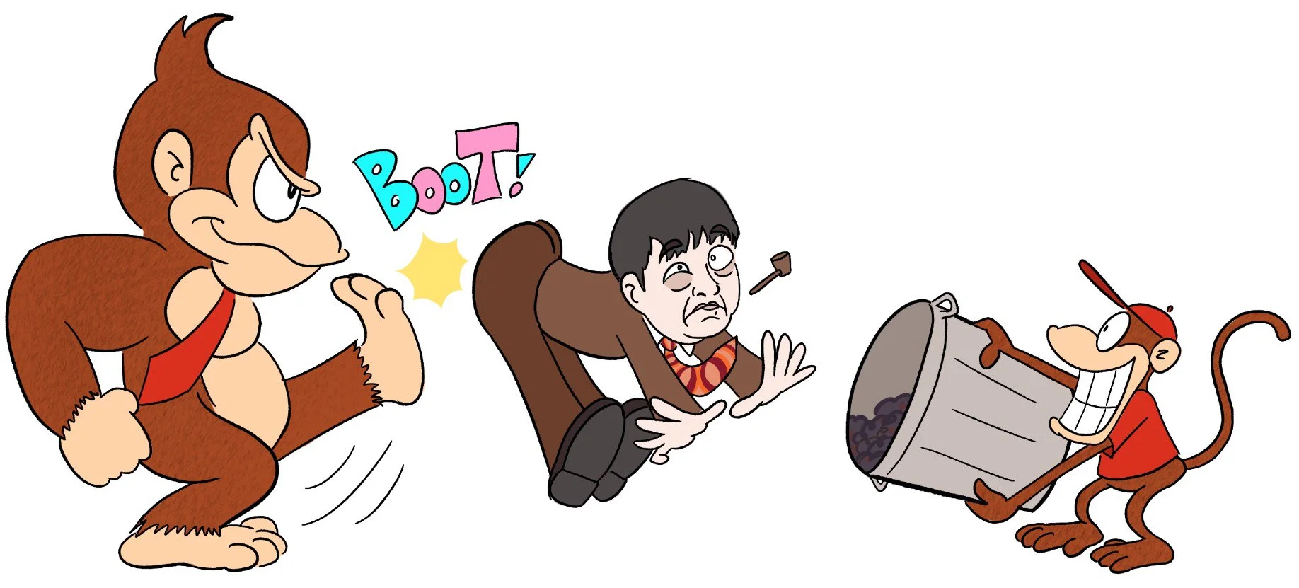 Hbomberguy's Donkey Kong 64 Trans Charity Marathon Stream — Cartoon of Diddy Kong booting Graham Linehan while Donkey Kong laughs