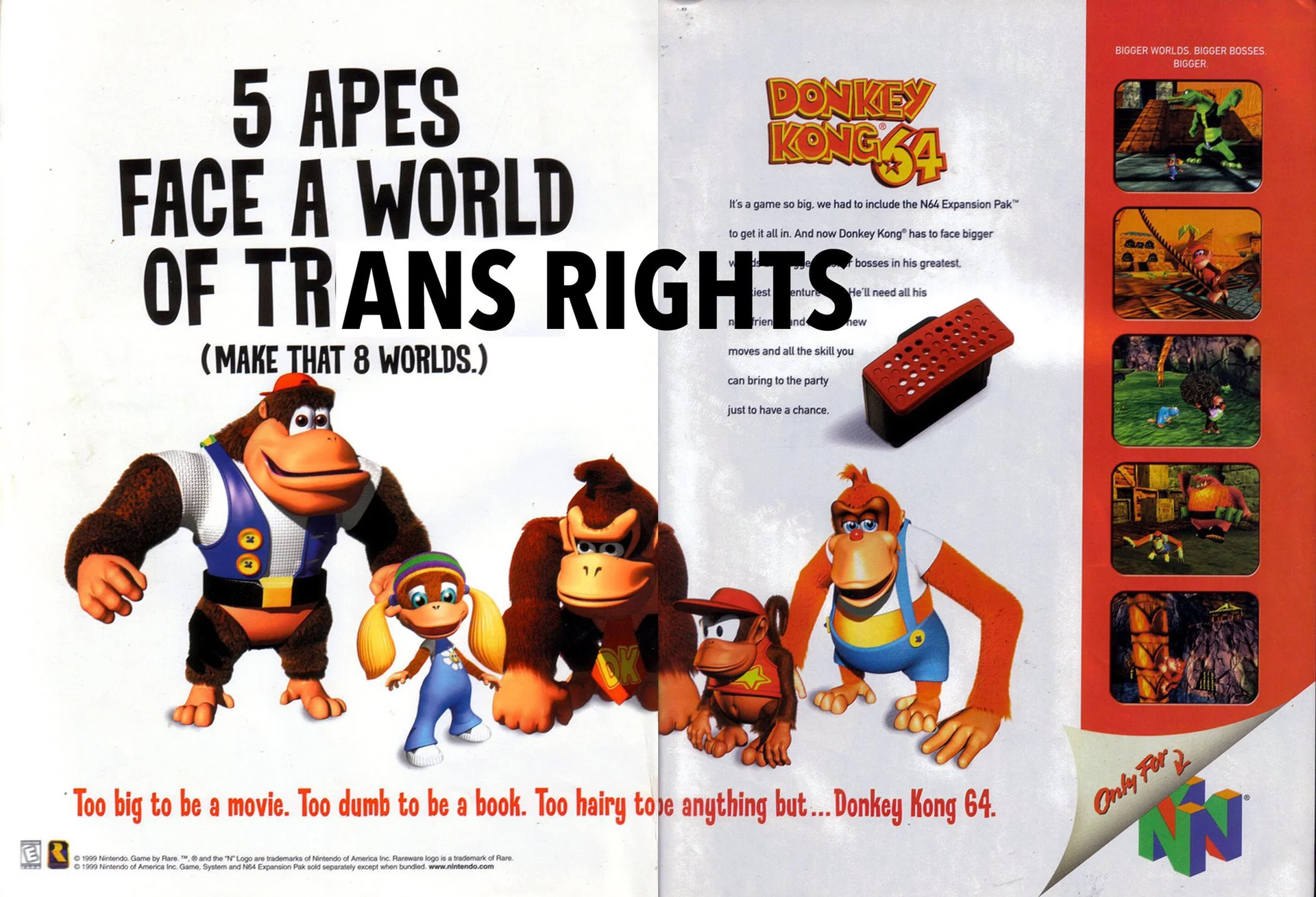 Hbomberguy's Donkey Kong 64 Trans Charity Marathon Stream — Edited Donkey Kong 64 magazine ad reading 'a world of trans rights'