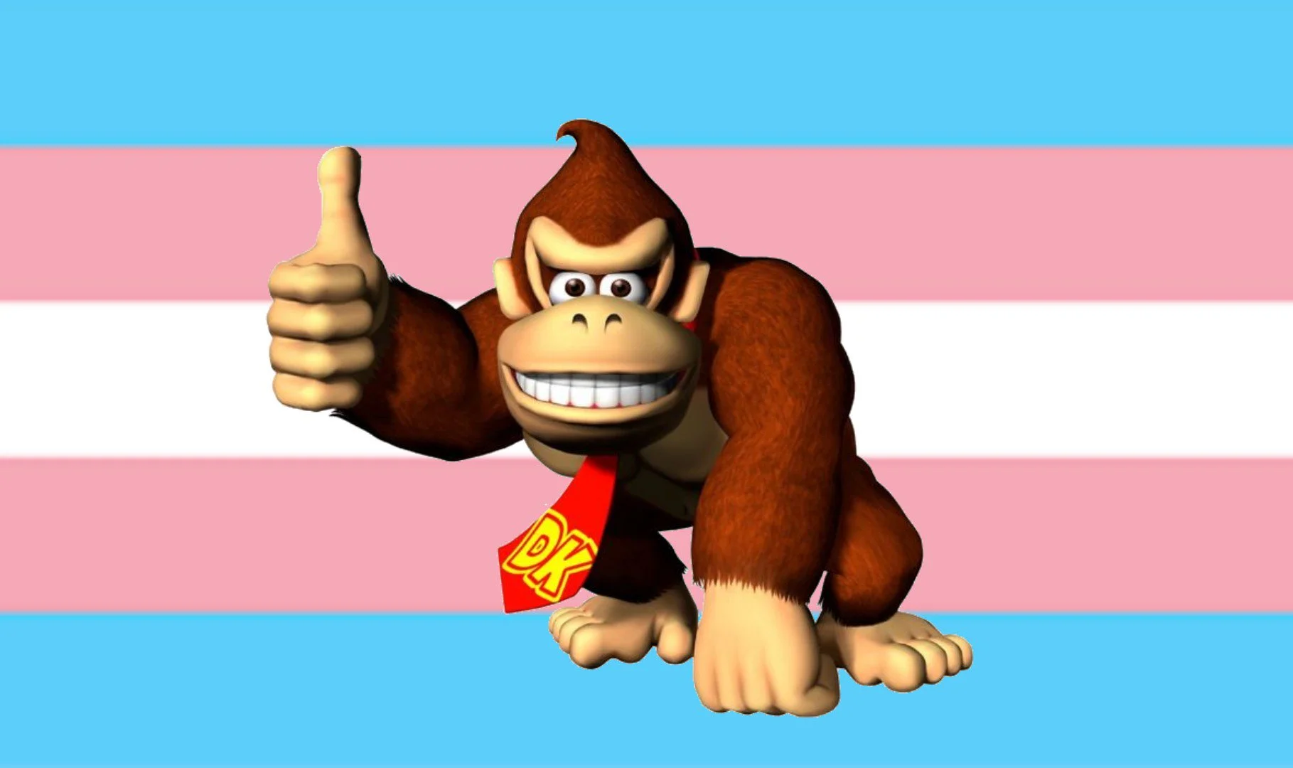 Hbomberguy's Donkey Kong 64 Trans Charity Marathon Stream — Donkey Kong giving a thumbs up in front of the transgender pride flag