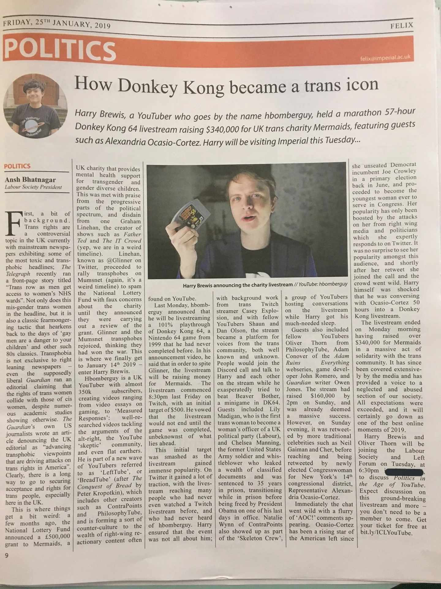 Hbomberguy's Donkey Kong 64 Trans Charity Marathon Stream — Felix newspaper article 'How Donkey Kong became a trans icon'